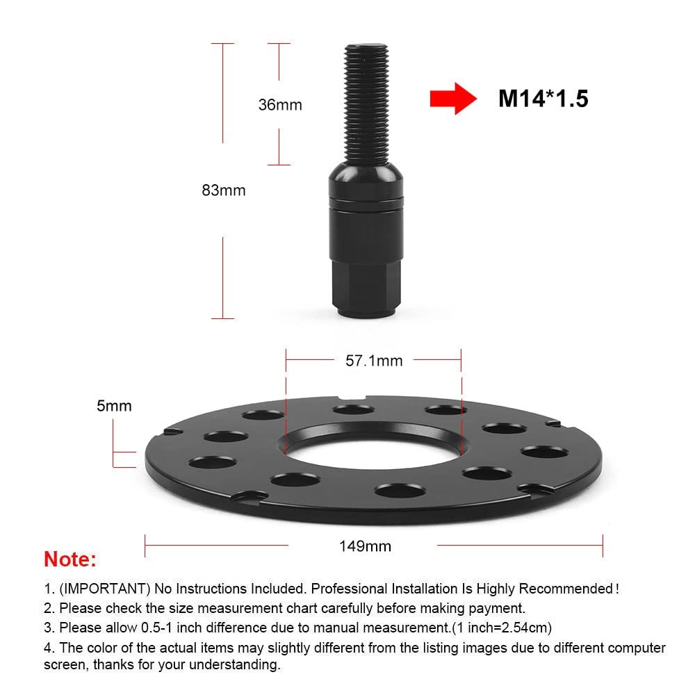Aleación Aluminio Espaciadores Adaptadores Espaciadores De Rueda De 5mm Y 8mm para Coche para PCD 5x100 5x112 CB 57,1mm Y Pernos De Bola M14 * 1,5(5mm Black)