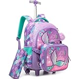 Meetbelify Mochila con ruedas de sirena para niñas, mochilas con ruedas para estudiantes de escuela primaria, maleta de viaje 3 en 1 con lonchera y estuche para lápices para niñas de 8 a 10 años,