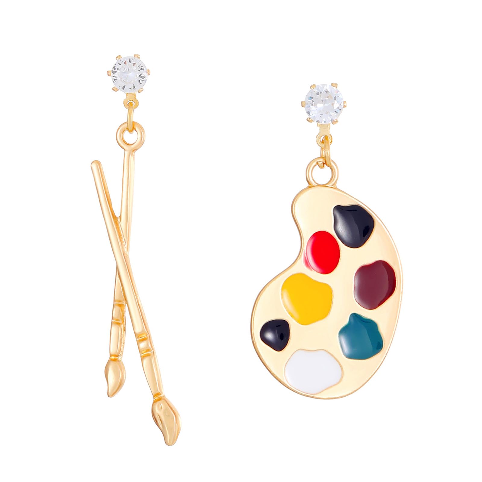 Colorful Palette Earrings Gold Plated Asymmetric Classic Unique Enamel Pigment Blackboard Art Paint Brush Dangle Drop Earrings for Women Teachers