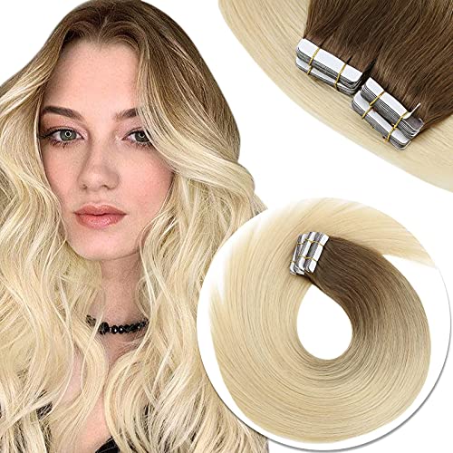 Sunny Balayage Hair Extensions 14 inch Seamless Skin Weft Tape in Human Hair Medium Brown Ombre to Bleach Blonde Tape in Real Human Hair Extensions 20 pcs 50g