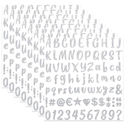 648 Pieces 8 Sheets Letter Stickers Glitter Small Self Adhesive Alphabet Number Vinyl Stick on Letter Stickers for Scrapbooking Mailbox Numbers Crafts Classroom Decor Bulletin Board(Silver 1 Inch)
