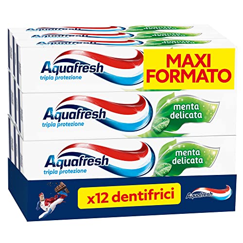 Aquafresh Dreifacher Schutz, starke Zähne, gesundes Zahnfleisch, starker Nagellack, frischer Atem, zarter Minzgeschmack, 12er Pack Zahnpasten x 75 ml