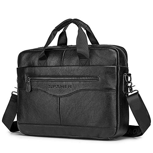 Preisvergleich Produktbild SPAHER Laptop Tasche Leder Herren Aktentasche Dokumententasche Wasserabweisende Computer Tasche Business Bürotasche Umhängetasche Handtasche Messenger Satchel für Männer Frauen Schwarz