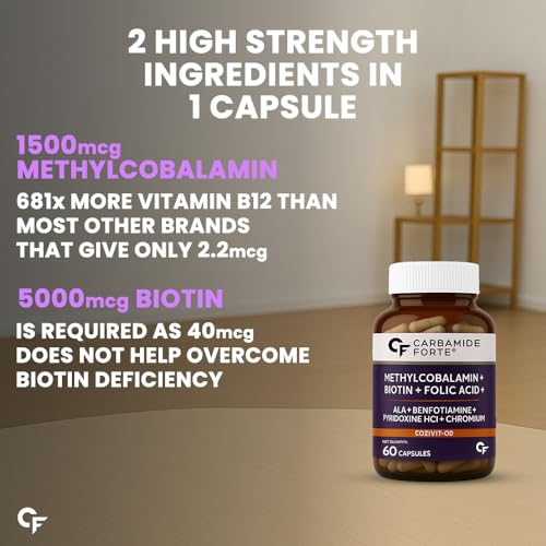 Image of Carbamide Forte Vitamin B12 Supplement with added Biotin | B12 Supplement for Men&Women | Methylcobalamin 1500mcg with Biotin 5000mcg - 60 Capsules(Pack of 3)