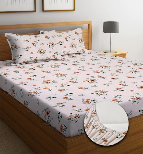 Image of NHD HOME Premium Cotton 220 TC Elastic Fitted Bedsheets with 2 Pillow Covers | Double /King Bed with All Around Elastic Wrinklefree Supersoft Breathable |Size-78 x72+10 inches | White Green Yellow