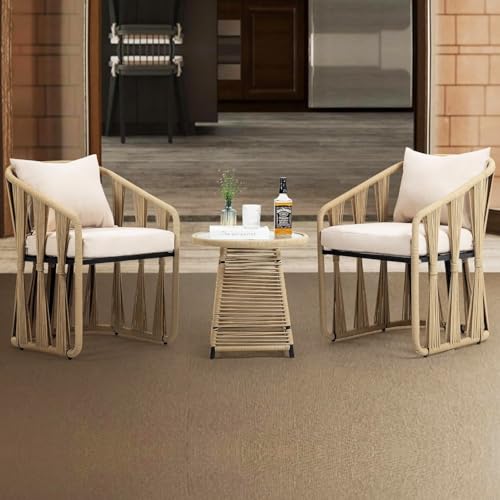 Image of DEVOKO Serene 3-Piece Outdoor Rope Patio Bistro Set with Glass Top Table and Cushions for Garden, Deck, Lawn, Poolside, Porch, Balcony (Beige & Cream)