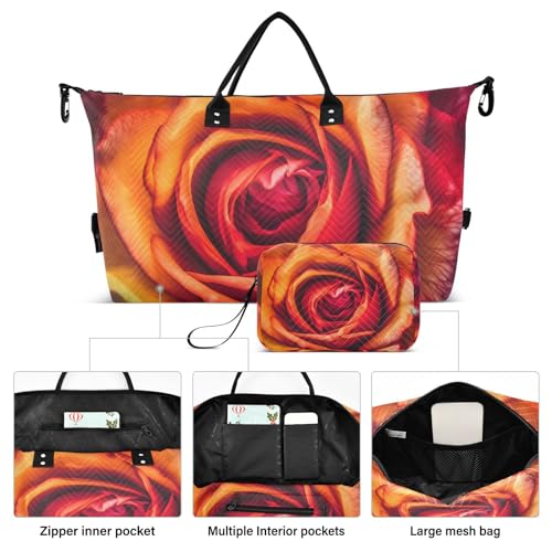 Duffel Bag Set for Travel Gym Sport, Weekender Bag Carry on Overnight Bags for Women Men-Red Close Rose Print2
