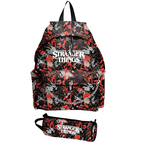 Maricart | Zaino Americano per Scuola Elementare Media e Superiore con 2 Scomparti da Bambini e Ragazzi con Astuccio Tombolino con Cerniera - Zaino Rosso Stranger Things