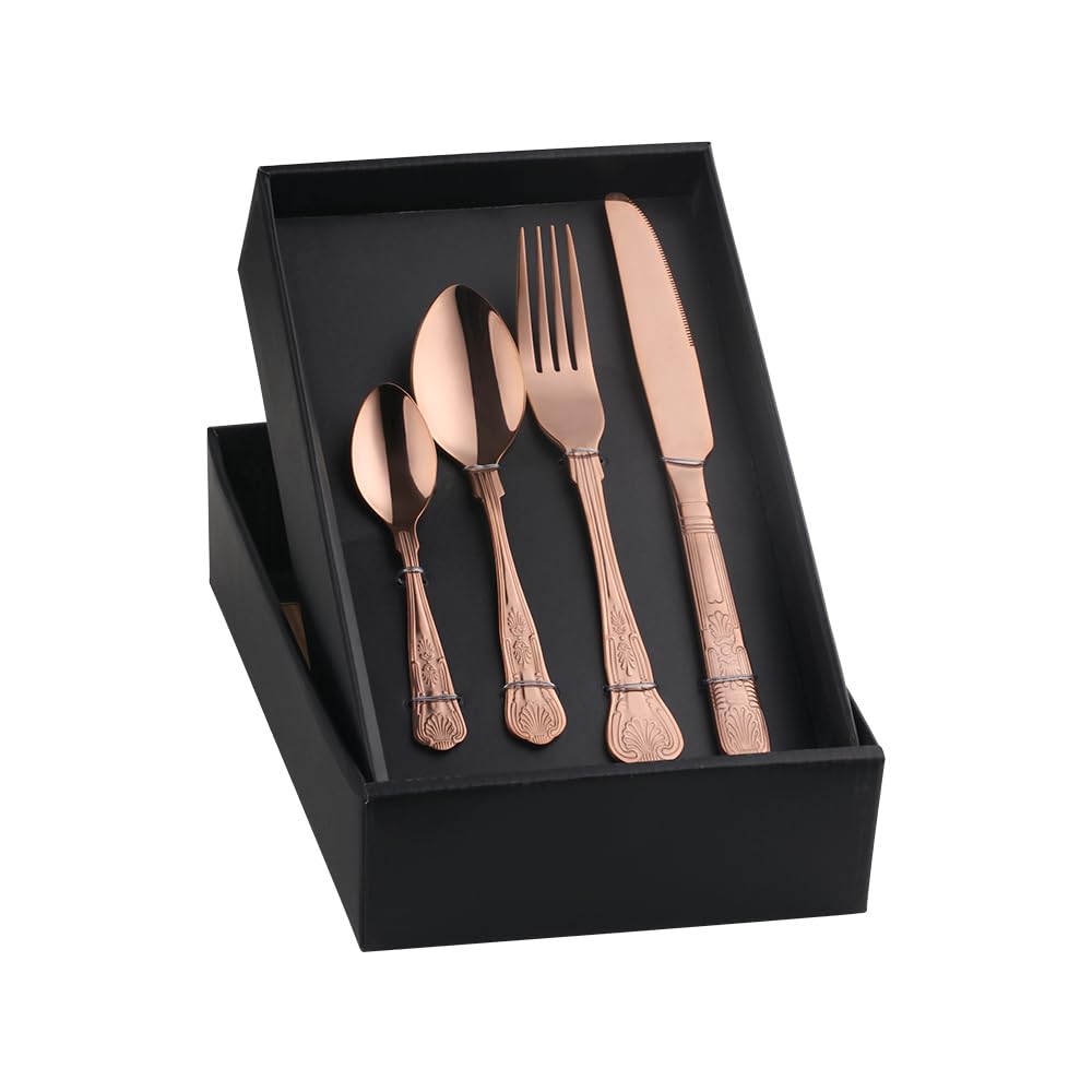 Rose Gold Cutlery Set for 4 People, BUYER STAR 16 Piece Stainless Steel Flatware Set, Shell Shape Pattern Tableware Silverware Set with Spoon Knife and Fork Set, Dishwasher Safe & Mirror Polished