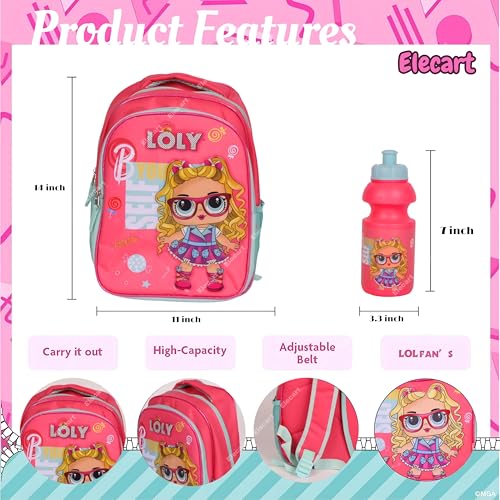 Image of School Bag Combo Set for Girls - 5 in 1 Back to School Hamper with Backpack, Lunch Bag, Tiffin Box, Water Bottle & Pencil Pouch - Complete School Essentials Gift Set for Kids (Loly-Pink)