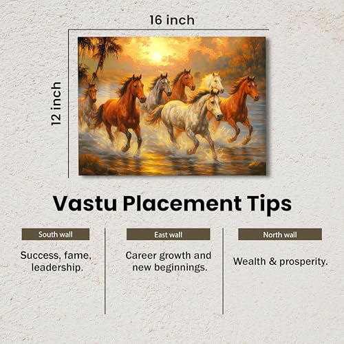Image of 7 Running Horses Vastu Stretched Canvas Painting For Living Room Seven Horses Vastu Wall Art Painting Symbol of Success, Growth & Positive Energy Wall Art for Home & Office, 12x16 Inch