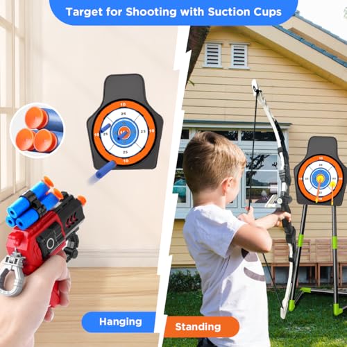 VATOS 2 Pack Arc et Flèche Jouet pour 3-12 Ans Garçons Filles, Jouet de Tir à l'arc Lumineux avec Coupe Suction Cible Debout & 29 in Dart Board, Jouets d'Activité d'Intérieur et d'Extérieur Cadeau – Image 3