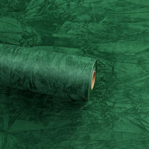 ReWallpaper Velvet Dark Green Wallpaper Peel and Stick Wallpaper Textured Bedroom Thicken Green Velvet Fabric Wallpapers Vintage Sticky Back Felt Roll for Shelves Drawers Cupboards 44.5cmx2m