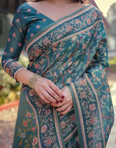 Image of SIRIL Women's Cotton Linen Printed Handloom Saree with Unstitched Blouse Piece