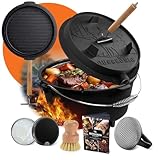 GUSSKÖNIG Dutch Oven Set – Eingebrannter Dutch Oven 4,5L – Feuertopf Gusseisen mit Füßen – Schmortopf Doppelfunktion – inkl. 2in1 Deckelheber, Schrubber, Bürste & Rezeptbuch [für 2–4 Personen]