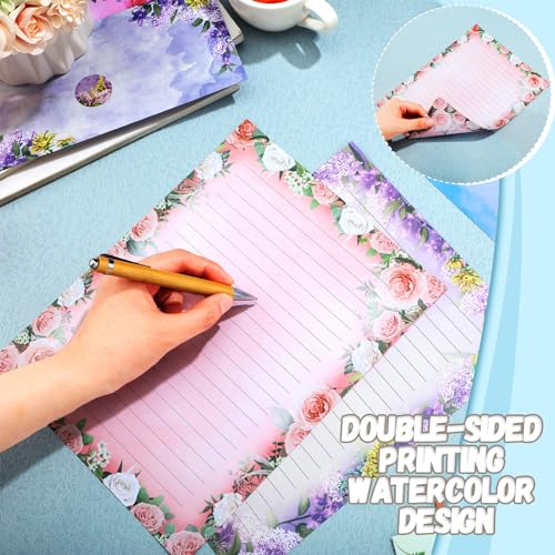 Image of TaoBary 160 Pcs Flower Stationery Paper and Envelopes Set 50 Double Sided Lined Stationery Paper with 50 Matching Envelopes and 60 Round Dot Sticker 8.5 x 11'' Letter Writing Kit, 10design