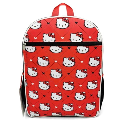 Hello Kitty Backpack for Girls 16 Inch Large School Backpack with Front Pocket, Water Bottle Holders, Adjustable Straps, Cute Red Bookbag for Kids, Back to School