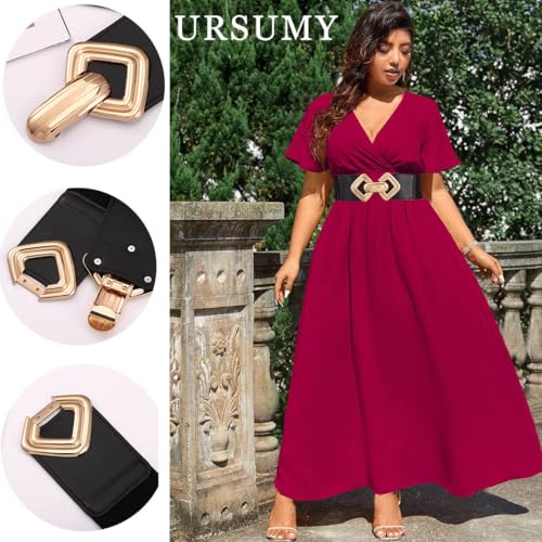 Ursumy Women Wide Elastic Waist Belt Fashion Square Gold Buckle Belts for Dresses Vintage Stretchy Ladies Belt4