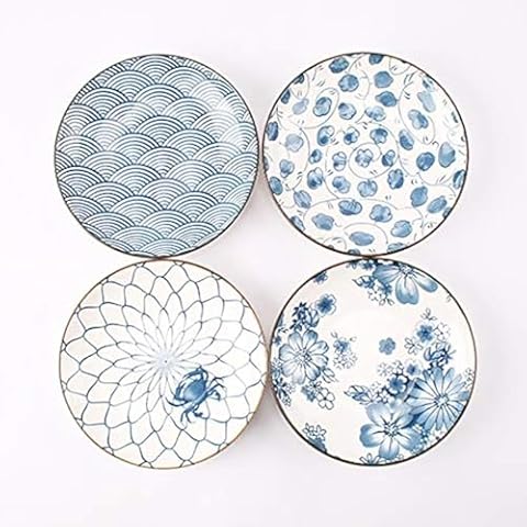 YALONG Ceramic Japanese Dinner Plates Set 7 Inch Appetizer Shallow Plates Serving Lunches, Cheese Salad, Dessert Set of 4 Assorted Motifs Microwave & Dishwasher Safe Cover