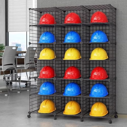 Adjustable Stackable Safety Helmet Storage Boxes with Wheels - 16 Grids, 8 Layers Floor-Standing Hardhat Display Shelf for Construction Sites, Garages, Workshops, Factories