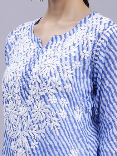 Image of Seva Chikan Hand Embroidered Lucknowi Chikankari Regular Fit Straight Malmal Cotton Kurta Kurti for Women SCL4458