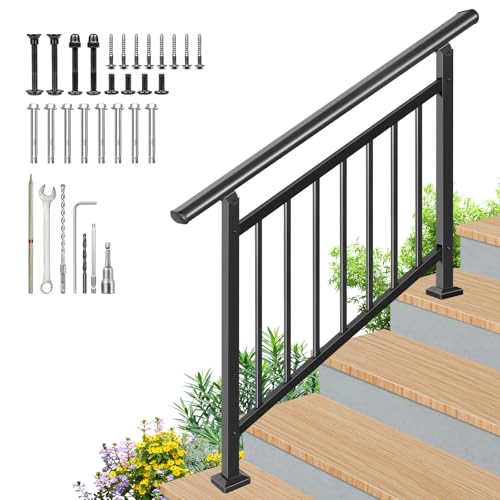 Upgrade 2 in 1 Stair Handrail&Horizontal Railing, Adjustable 4 Step Stair Railing Kit, Black Wrought Iron Handrails for Outdoor Steps,Concrete,Wood, Deck and Porch Hand Rails, with Installation Kits