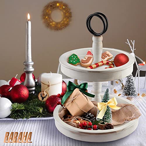 Rabaha 2 Tier Tray Stand Wood Farmhouse Decor - Two Tiered Decorative Tray Stand Wooden - 2 Table Kitchen Tray Rustic With Metal Round. Cake Stand, Cupcake, Cookie, Food And Party Display (White) #TOP6