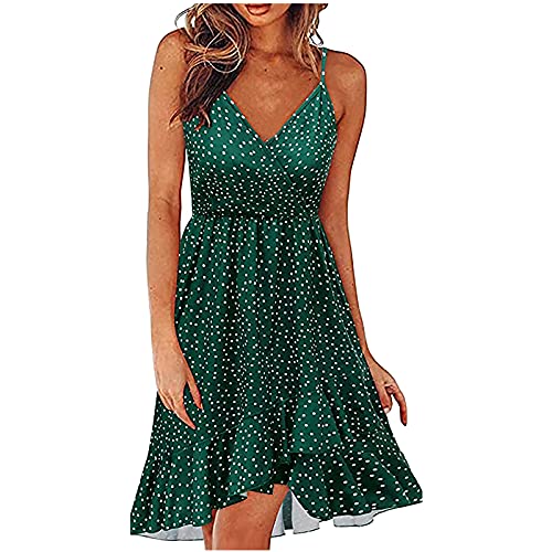 Women's Summer Deep V Neck Spaghetti Strap Ruffle Maxi Dress Polka Dot Printed Long Beach Wrap Dress Green