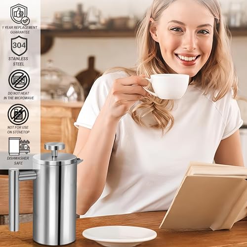 Image of Small French Press Coffee Maker 1 Cup - 12oz /350ml Single Cup Metal French Press(1 Cup), Stainless Steel Double Wall Insulated Coffee & Tea Maker w / 3 Extra Screens + 1 Spoon (Silver), Dishwasher Safe