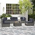 May in Color 7 Pieces Outdoor Patio Furniture Sets with Glass Tea Table, PE Rattan Wicker Patio Conversation Set with Washable Cushions, Outdoor Patio Sectional Sofa Couch, Grey
