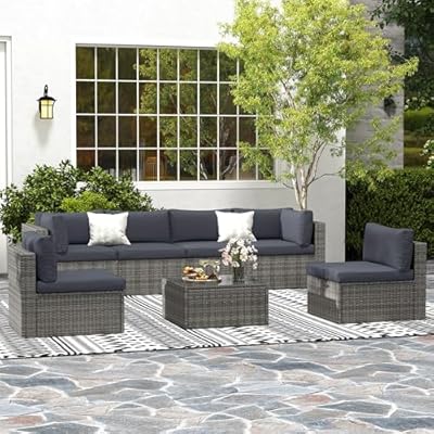 May in Color 7 Pieces Outdoor Patio Furniture Sets with Glass Tea Table, PE Rattan Wicker Patio Conversation Set with Washable Cushions, Outdoor Patio Sectional Sofa Couch, Grey