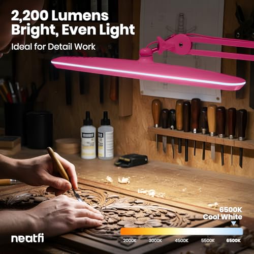 Image of Neatfi XL 2,200 Lumens 24W LED Desk Lamp - 23 inch Wide Shade | Dimmable Eye-Caring Task Light | Adjustable Arm | Home Office, Study, Crafts & Nail Tech (Pink, Non-CCT with Clamp)