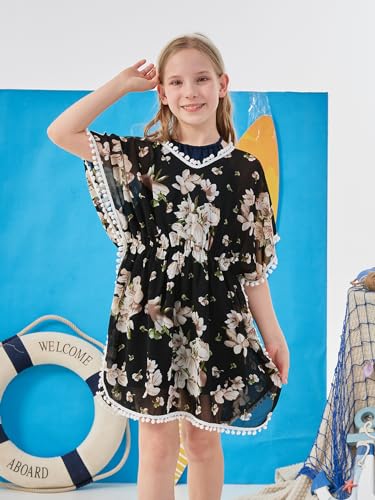 GORLYA Girls Casual Tassel Swimwear Cover Ups Bathing Chiffon Coverups Beach Swimsuit Wraps with Pom Pom Trim3