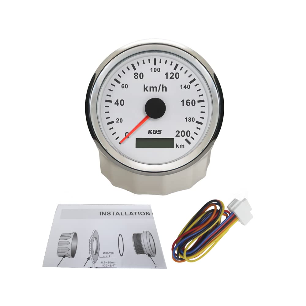 KUS Compteur de vitesse à impulsion 85mm 0-200 KM/H jauge de vitesse 9-32V avec rétro-éclairage pour camions de moto de voiture (blanc + acier inoxydable)