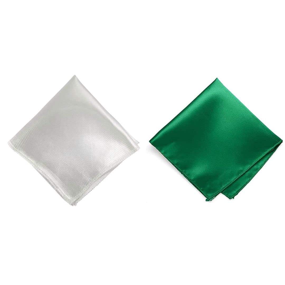 young arrow Satin Pocket Square for Men, Wedding Handkerchief for Suits, Blazers & Tuxedo, Men's Pocket Square Combo (Pack of 2) (White & Green)-picture-16