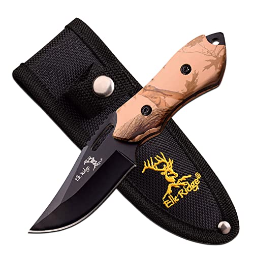 Elk Ridge - Outdoors Fixed Blade Knife - 6-in Overall, 3-in Black Stainless Steel Blade, Wood Handle, 1680D Nylon Sheath - Hunting, Camping, Survival (Camo)