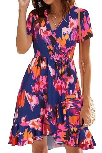 Image of ULTRANICE Womens Summer Dresses Floral V Neck Ruffled Hem Spaghetti Spring Casual Beach Outfits Flowy Wrap Sun Dress