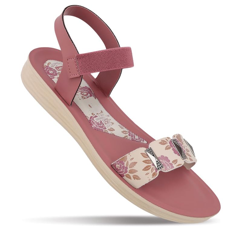 Image of WALKAROO Women Comfortable Flat Sandals|Floral Printed Front Strap, Elastic Ankle Strap, Soft Cushioned Footbed, Lightweight PU Sole|Casual Wear for women's|WLR77035
