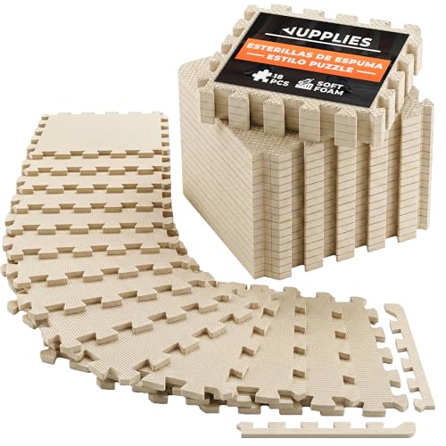 JUPPLIES - Suelo Gimnasio Set 18 Piezas 30x30x1cm - Esterilla Puzzle Fitness de Goma para Suelo - Alfombra Protectora para Gimnasio en Casa - Tatami en Puzzle (18 Piezas Beige)