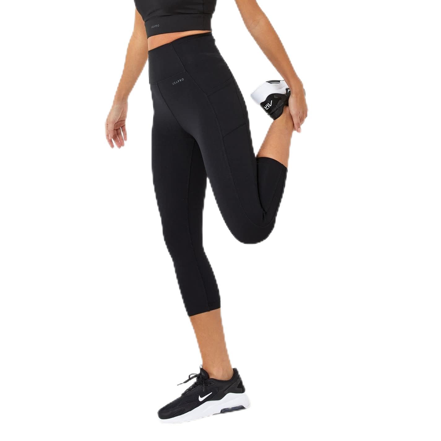 USA Pro Womens High Rise Cropped Leggings Capri Pants Black 18 (2XL)