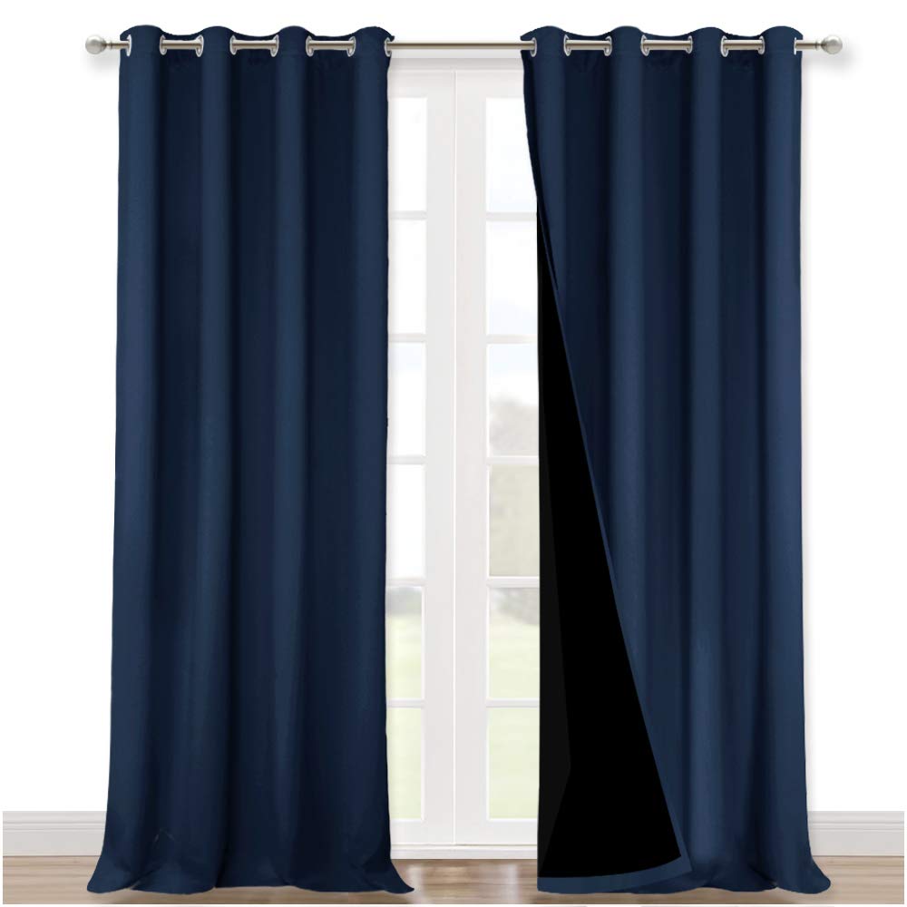 NICETOWN 100% Blackout Curtain Set, Thermal Insulated &amp; Energy Efficiency Window Draperies for Guest Room, Full Shading Panels for Shift Worker and Light Sleepers, Navy Blue, 52W x 120L, 2 PCs