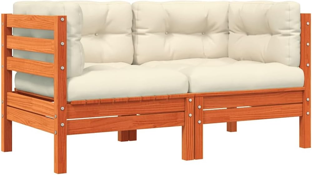 2-Seater Outdoor Sectional Couch Rustic Solid Pine Garden Loveseat with Cream Cushions for Patio Balcony Porch and Indoor Use 9.8x19.5x9.7 in