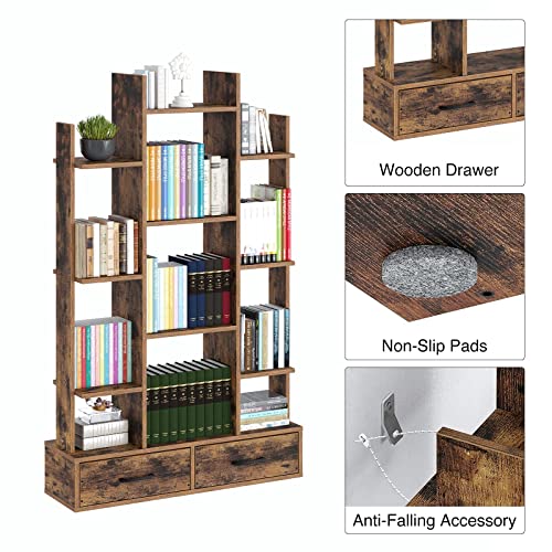 Rolanstar Bookshelf With 2 Wooden Drawers, Rustic Wood Bookshelves, Book Shelf Free Standing Storage Shelf For Bedroom, Living Room, Home Office, Rustic Brown #TOP5