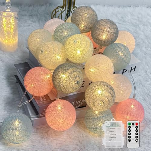 Ciskotu Baumwollkugeln Lichterkette Batteriebetrieben, 20 LED Dimmbar Cotton Ball Lichterkette mit Fernbedienung, LED Kugeln Lichterkette Innen für Kinderzimmer Weihnachten Hochzeit Party(Macaron)