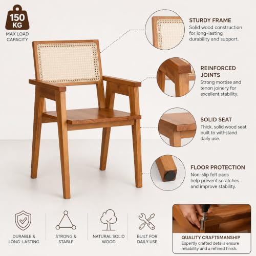 Image of Solid Sheesham Wood Dining Chair with Cane Backrest | Modern Wooden Arm Chair for Dining Room, Living Room & Cafe | Handcrafted Rattan Accent Chair | Natural Finish