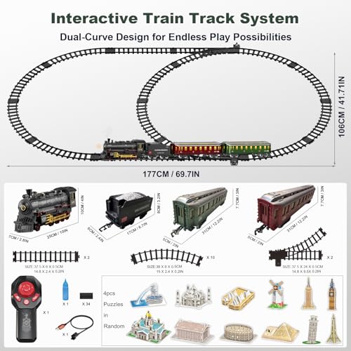 Electric Train Sets Remote Control for Kids Christmas Train Toys Steam Locomotive w/3 Smokes, Glowing Passenger Carriages, Luxury Tracks, Light & Sounds Rechargeable Birthday Gifts for Boys Girls - Image 6