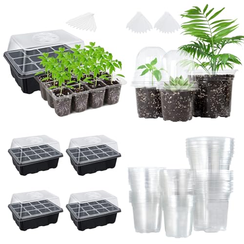 The Bundle of Bonviee 5 Packs Seed Starter Tray and Bonviee 36 Packs Variety Sizes Clear Nursery Pots with Dome