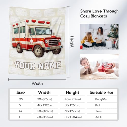 Personalized Ambulance Blanket, Cozy Soft Throw Gifts for Kids, Cute White Flannel Throw Blankets for Bed Travel, 50x60 Inches