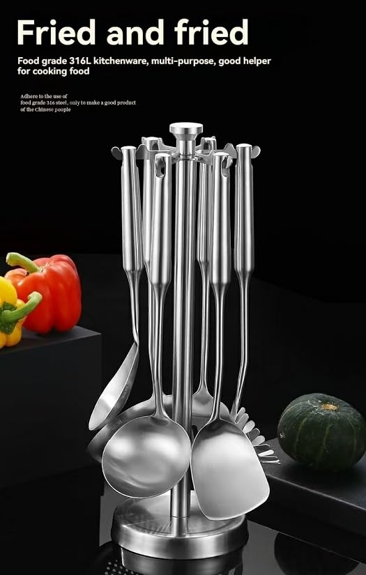 7 utensilios de cocina de acero inoxidable 316, espátula para freír, cuchara de sopa, cucharón, colador grande, espátula para freír, colador de pasta (plata, estante colgante de acero inoxidable 201)