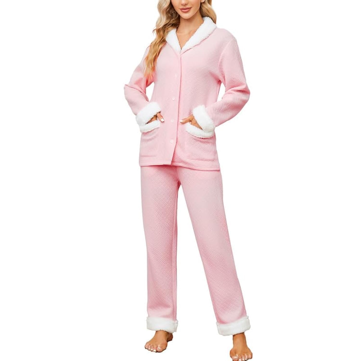 U2SKIIN Womens Pajama Set Soft Warm Sherpa Shawl Collar Long Sleeve Quilted Fabric Cotton Cozy Button-Down Pjs